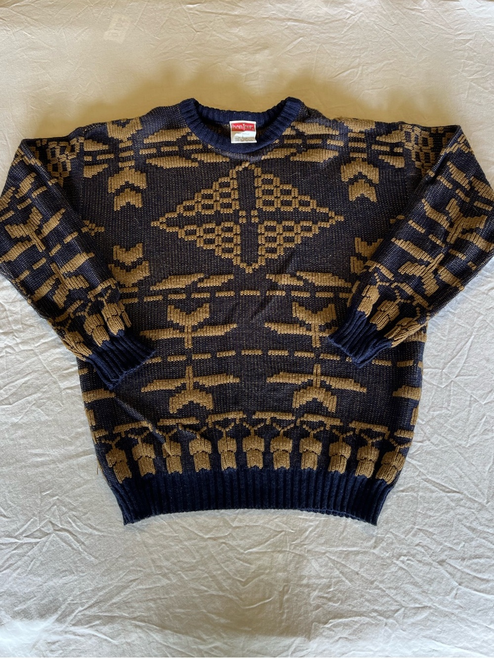 Vintage Bonjour 80s Geometric Sweater Navy‎ Beige 100% Acrylic Men's Size L